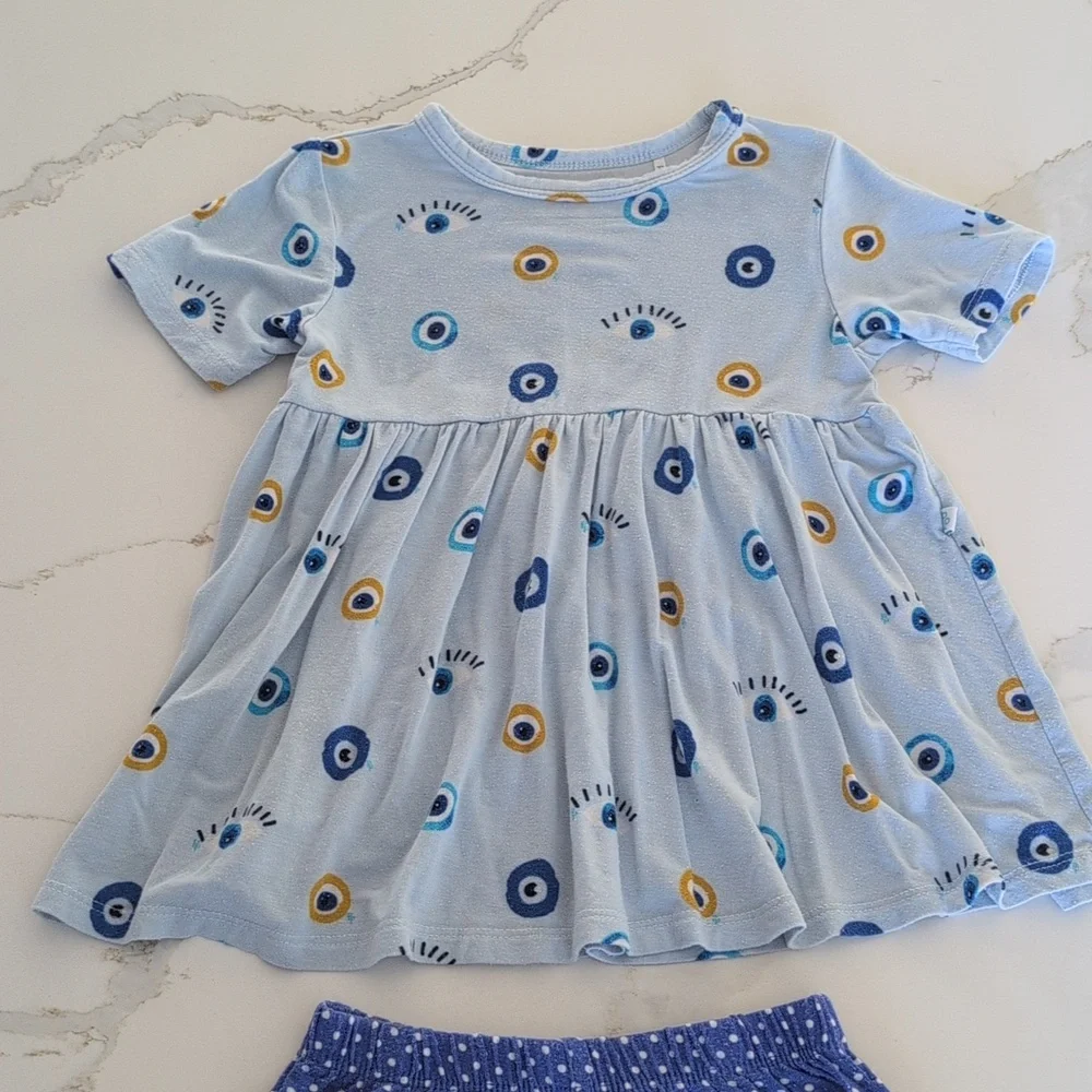 Posh Peanut Light Blue Eye-Print Peplum Top with Navy Dot Shorts